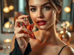 Elegancki flakon perfum na marmurowym blacie w luksusowej sypialni, obok którego kobieta poprawia naszyjnik.