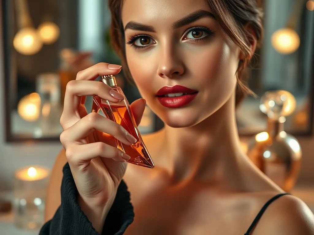 Kobieta trzymająca elegancki flakon perfum Carolina Herrera w kształcie szpilki na tle luksusowej toaletki.