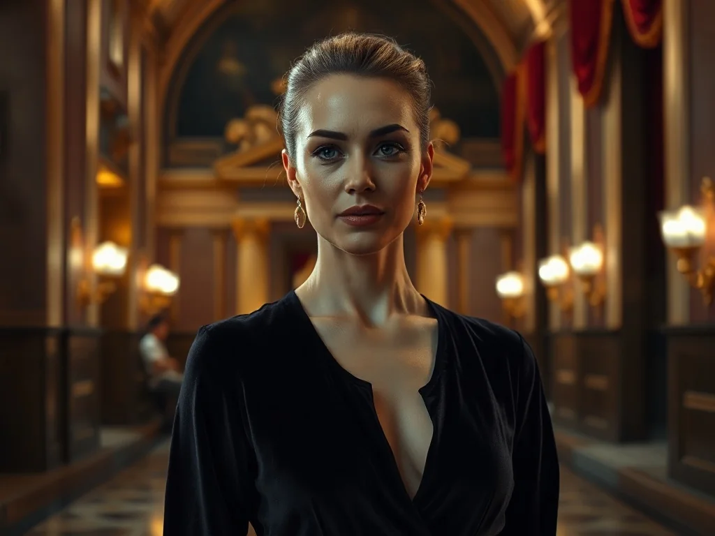 Elegancka kobieta w ciemnej aksamitnej sukni w luksusowym foyer teatru, prezentująca szykowną stylizację na komedię.