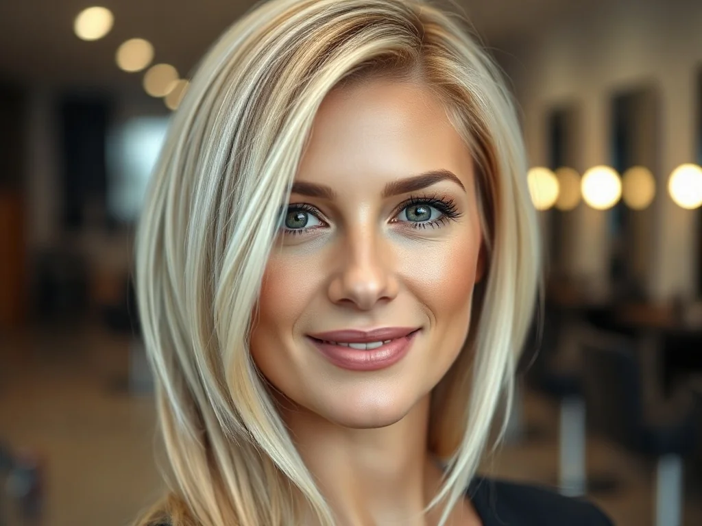 Kobieta z modnym blondem i naturalnie ciemniejszymi odrostami, prezentująca stylowe przejście kolorystyczne.