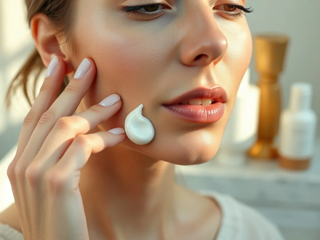 Kobieta nakłada luksusowy krem nawilżający na policzek, prezentując codzienną rutynę pielęgnacyjną w jasnym wnętrzu.