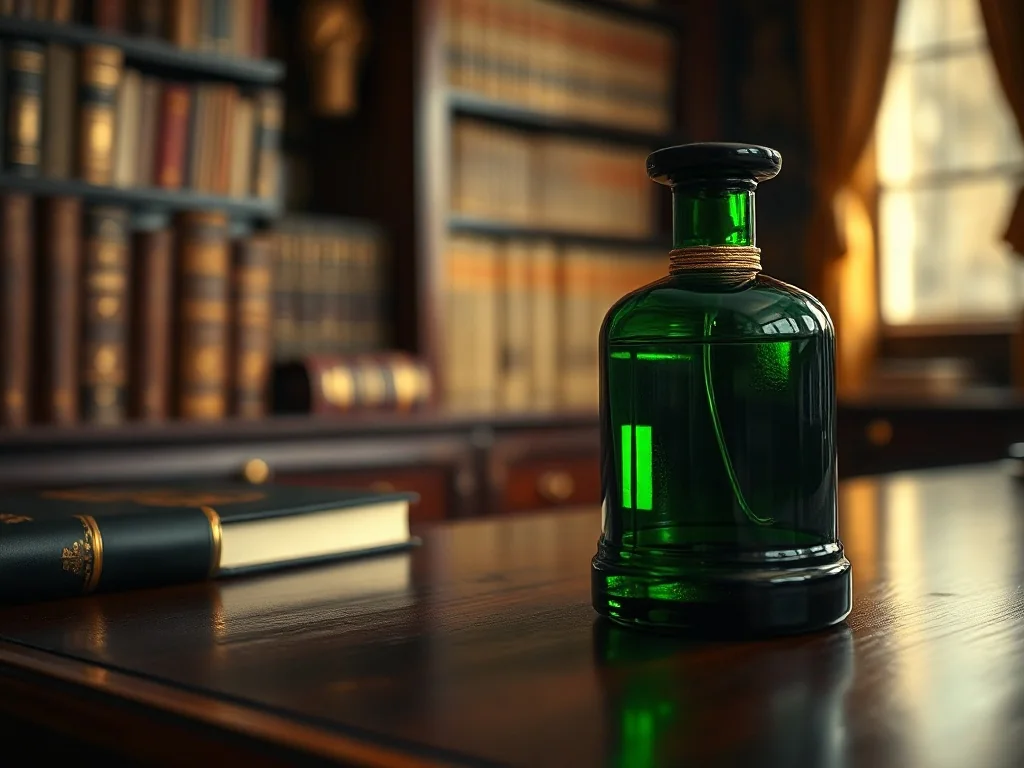 Elegancki flakon perfum Paco Rabanne pour homme na mahoniowym blacie w otoczeniu klasycznego gabinetu.
