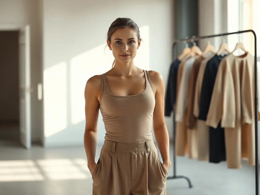 Stylowa kobieta w dopasowanym body i szerokich spodniach, prezentująca modną stylizację w minimalistycznym wnętrzu.